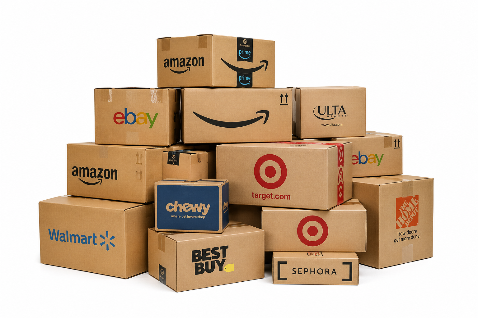 Caja de envíos con logos de tiendas de Estados Unidos